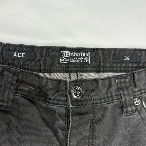 Affliction Mens Ace Jeans 36 x 30 Black/Grey Faded Embroidered Flap Pockets B5 - Picture 3 of 11